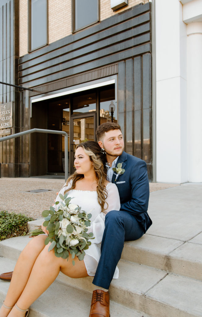 Bride and Groom's Portraits in Downtown Tyler, Texas for Intimate Wedding Day captured by Lizzie Hillard Photography.