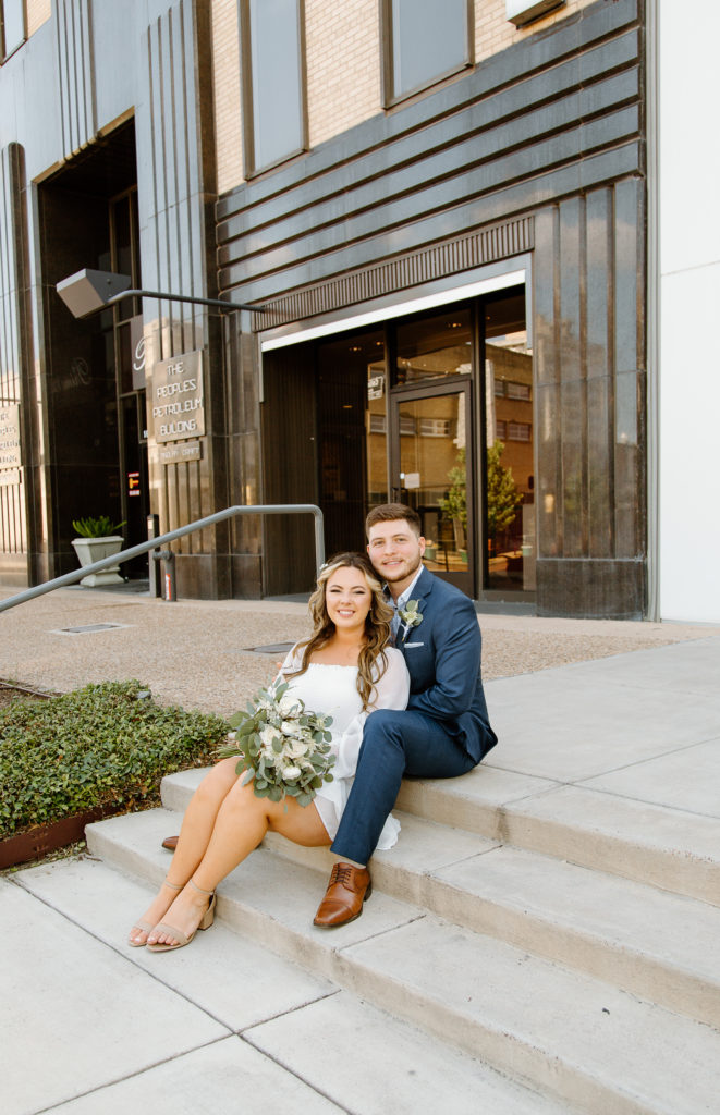 Bride and Groom's Portraits in Downtown Tyler, Texas for Intimate Wedding Day captured by Lizzie Hillard Photography.