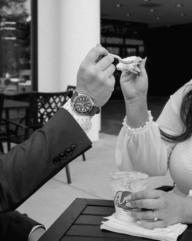 Bride and Groom's Portraits in Downtown Tyler, Texas for Intimate Wedding Day captured by Lizzie Hillard Photography. Ice cream at Andy's on the Tyler, Texas Square.