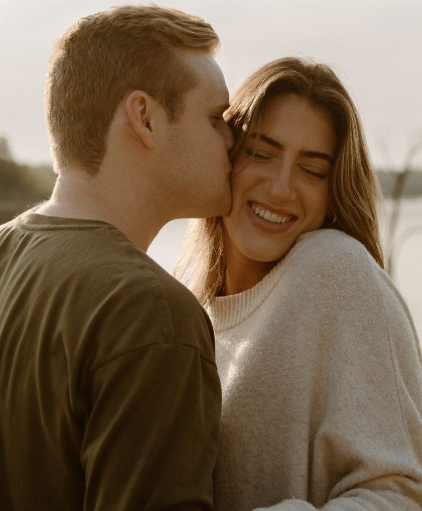 Close up of couple during engagement photos at Lake Tawakoni State Park.