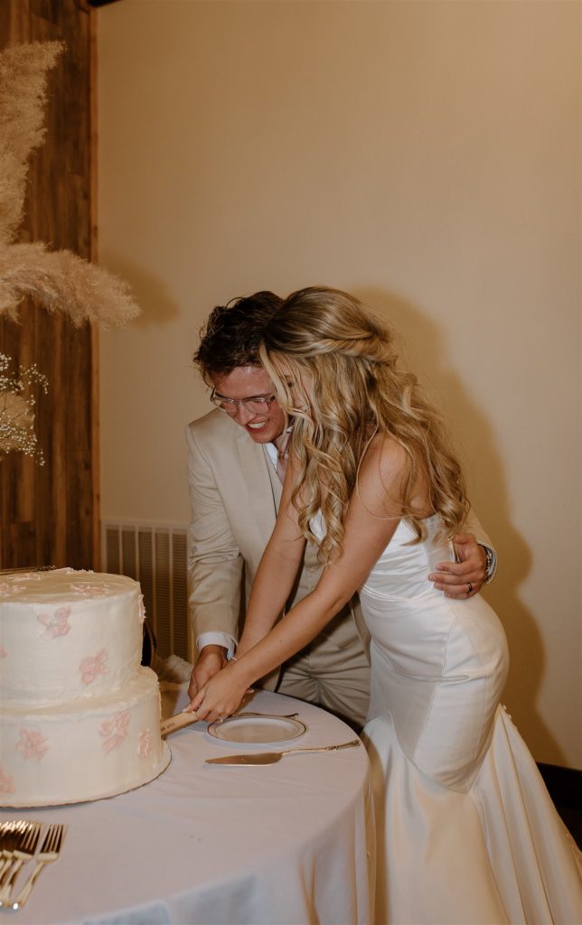 Bride and groom cut the cake at texas wedding reception.