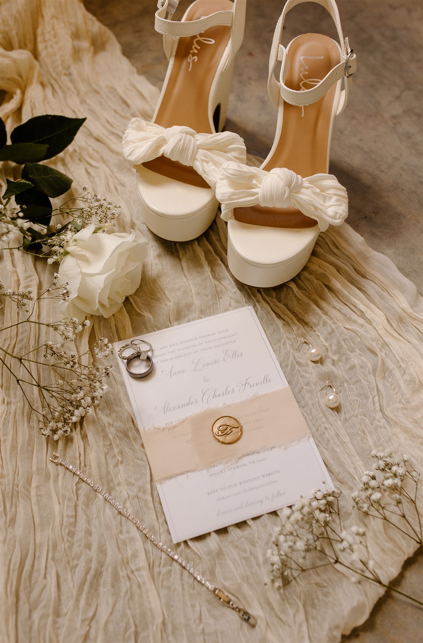 Elegant Flatlay Details on wedding day.