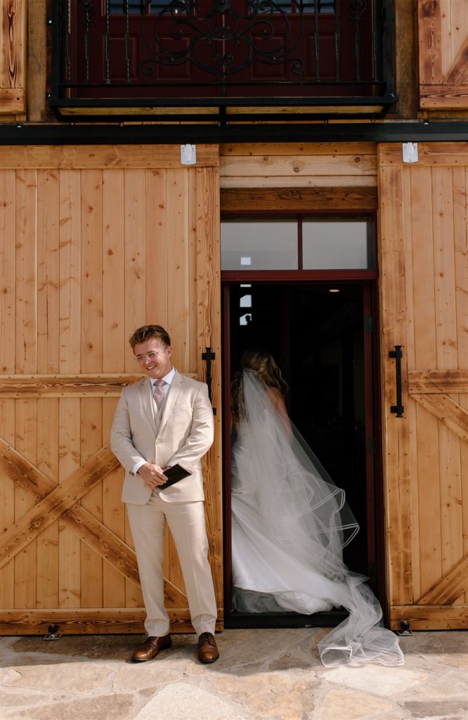 Bride walks away from groom after first touch on their texas wedding day.