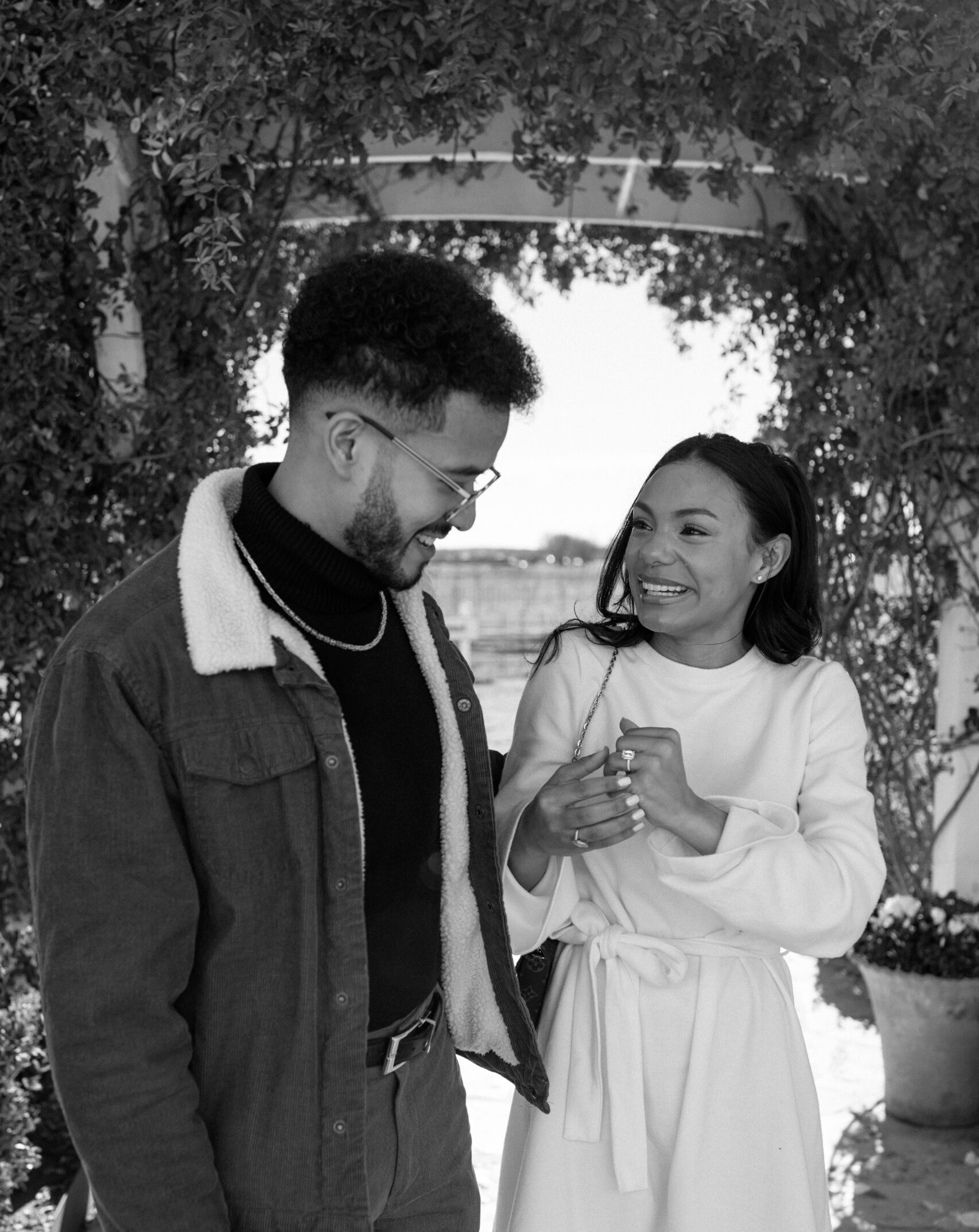 A couple celebrates their proposal at Signor Vineyards in Fredericksburg, Texas.