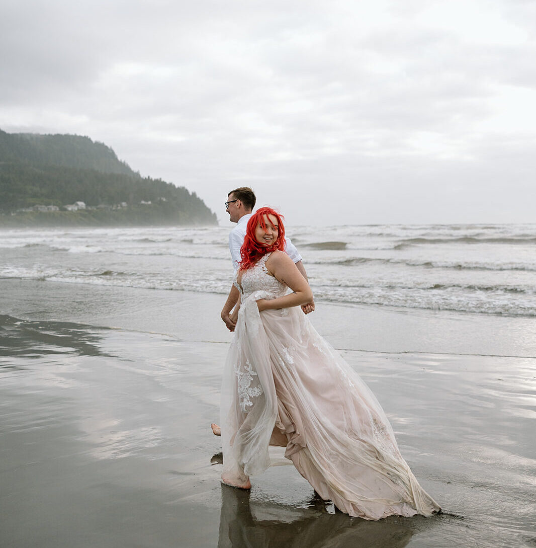 Bride and Groom celebrate their wedding on the Oregon Coast.